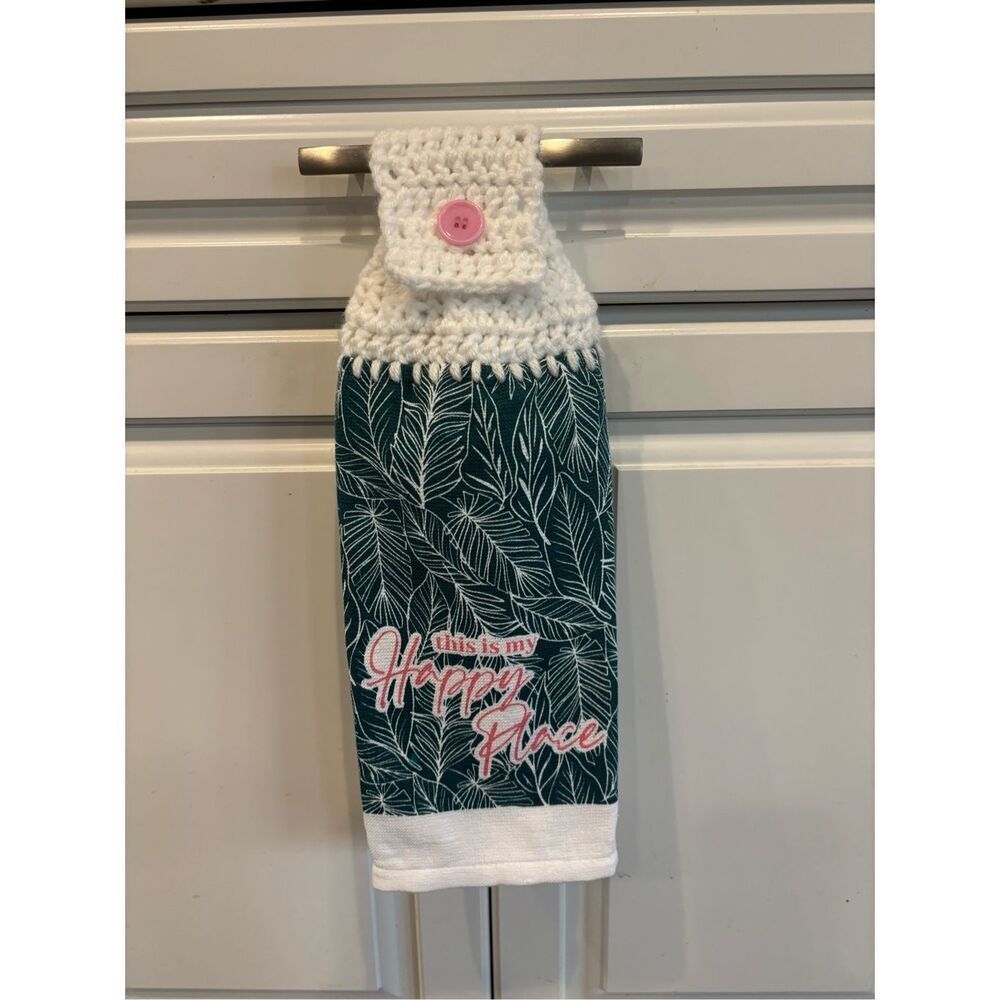 Crochet Top Kitchen Towel- This is my happy place-pink letters